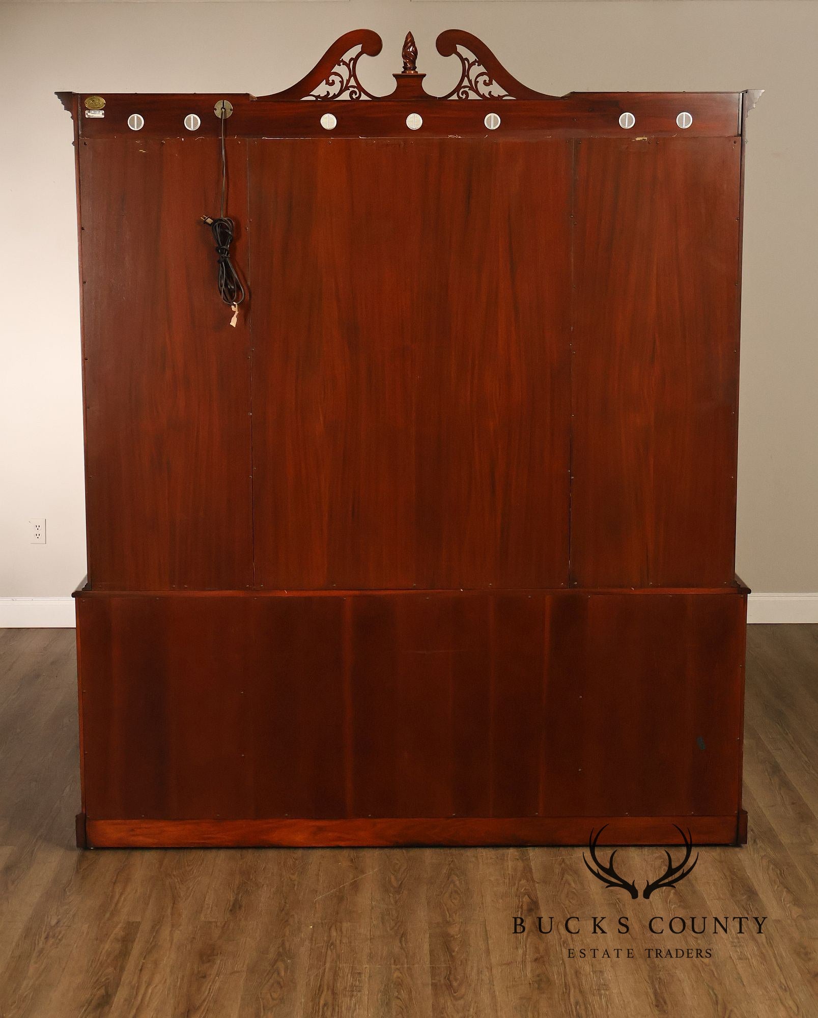 Karges English Style Mahogany Breakfront China Cabinet Display Bookcase with Carved Pediment and Silk Backing