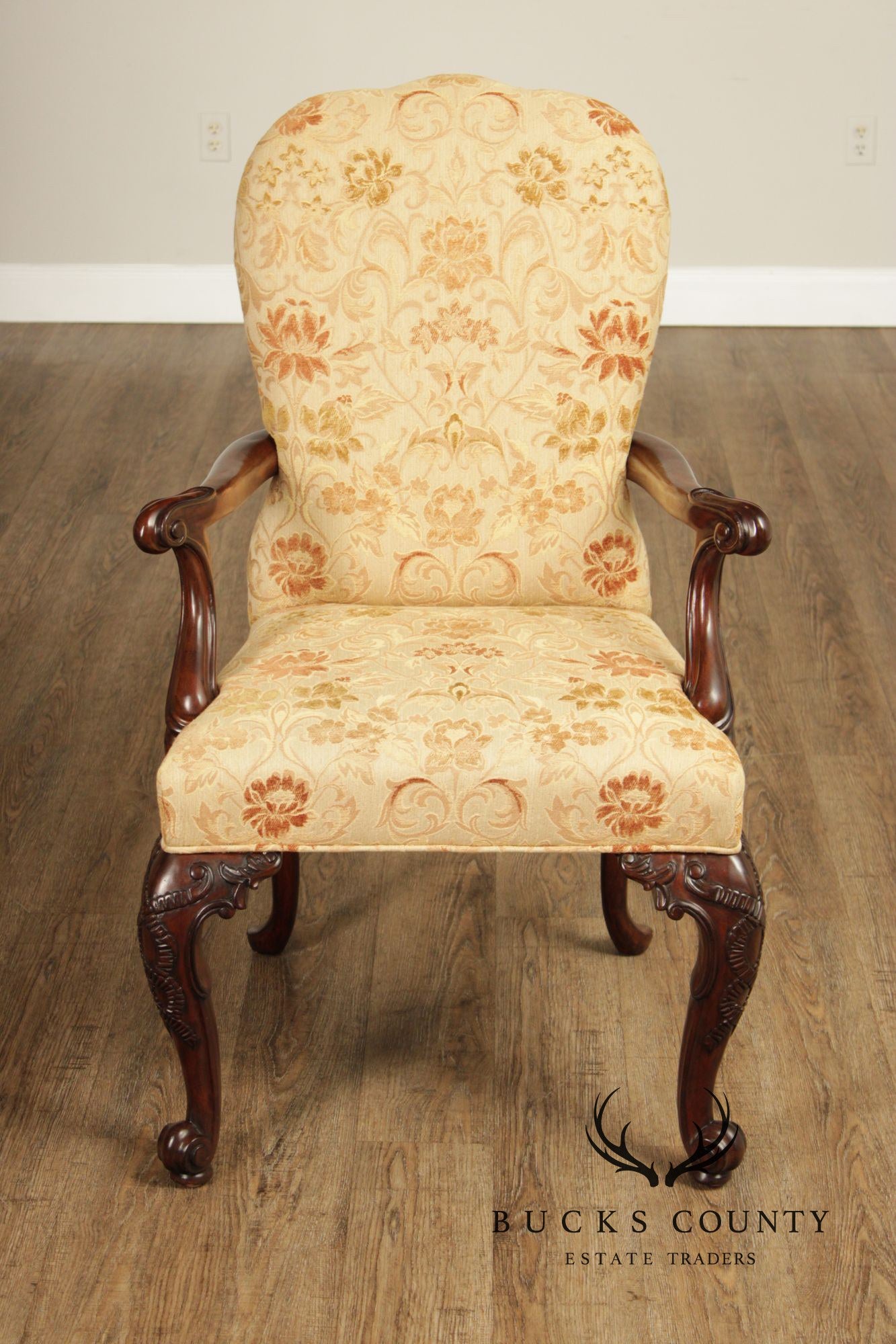 Henredon Scroll and Floral Upholstered Cabriole Leg Armchairs