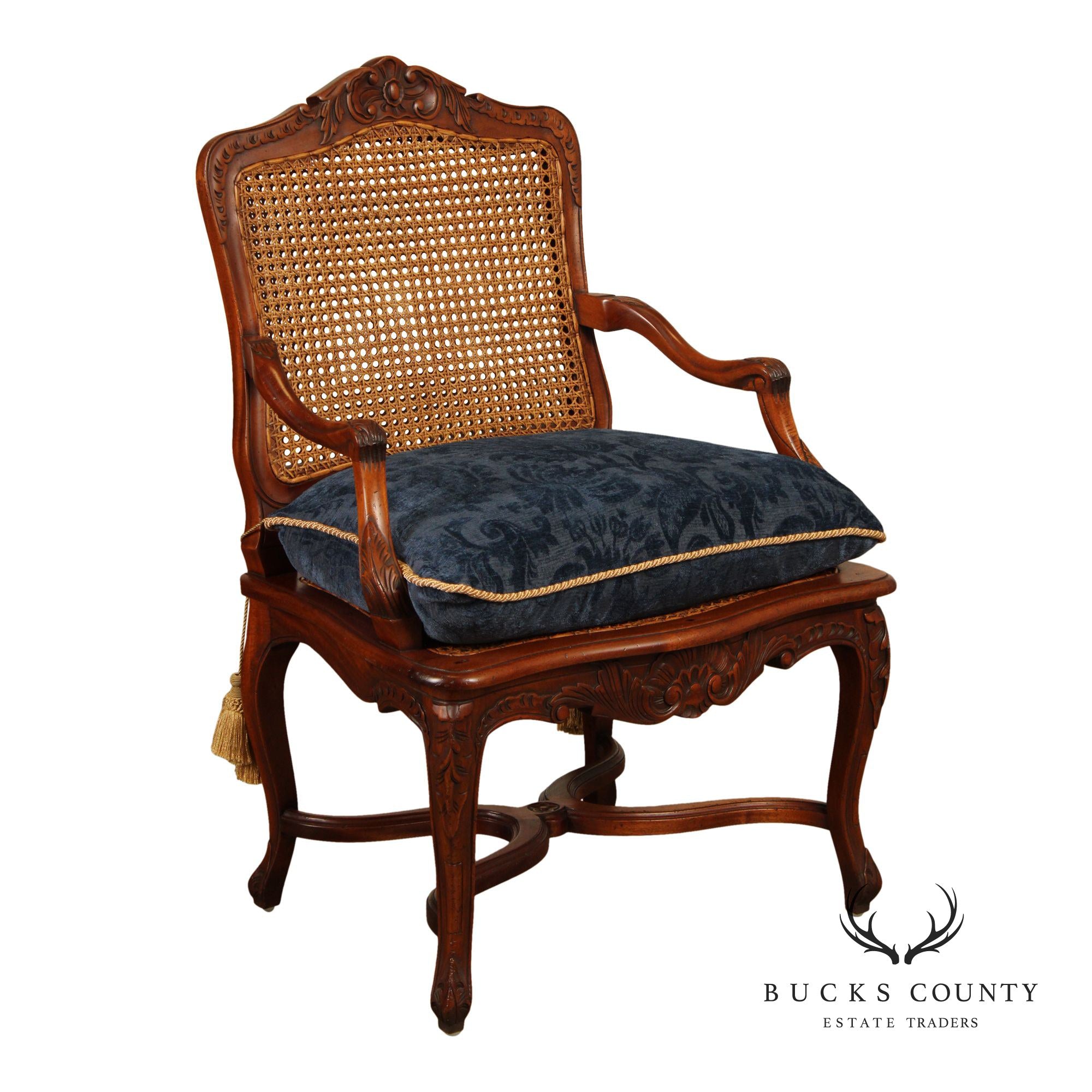 French Louis XV Style Carved Mahogany and Cane Armchair