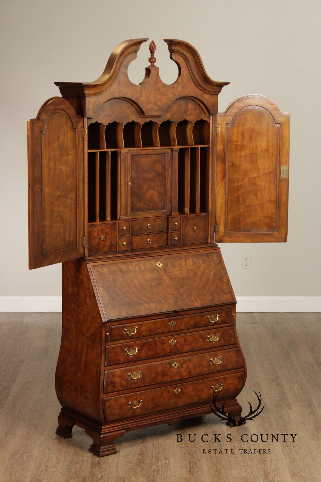Chippendale Style Burled Walnut Bombe Secretary Desk Bookcase By Heritage Heirloom