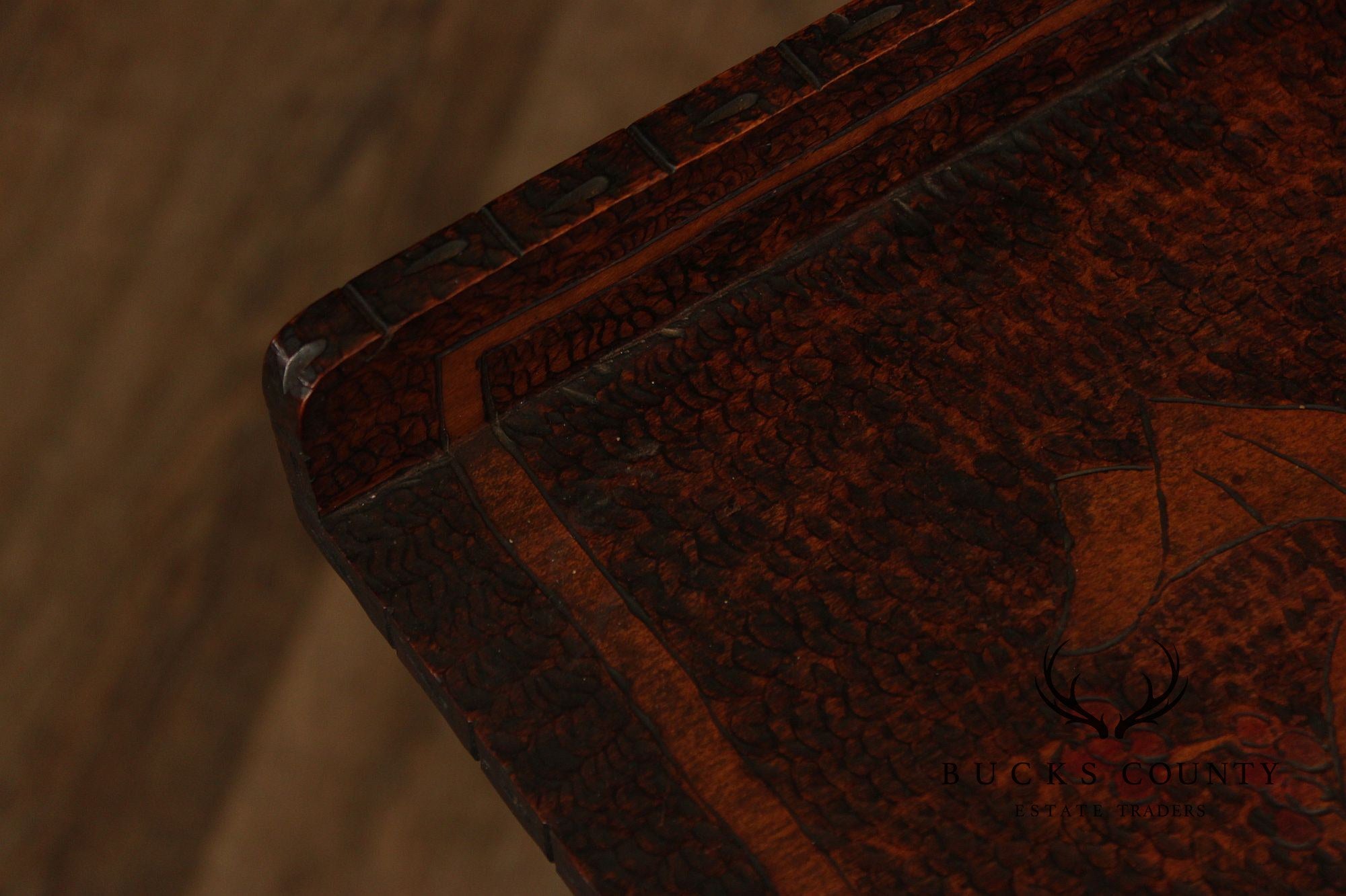 Antique Art Nouveau Style Carved And Pyrography Writing Desk And Chair Set