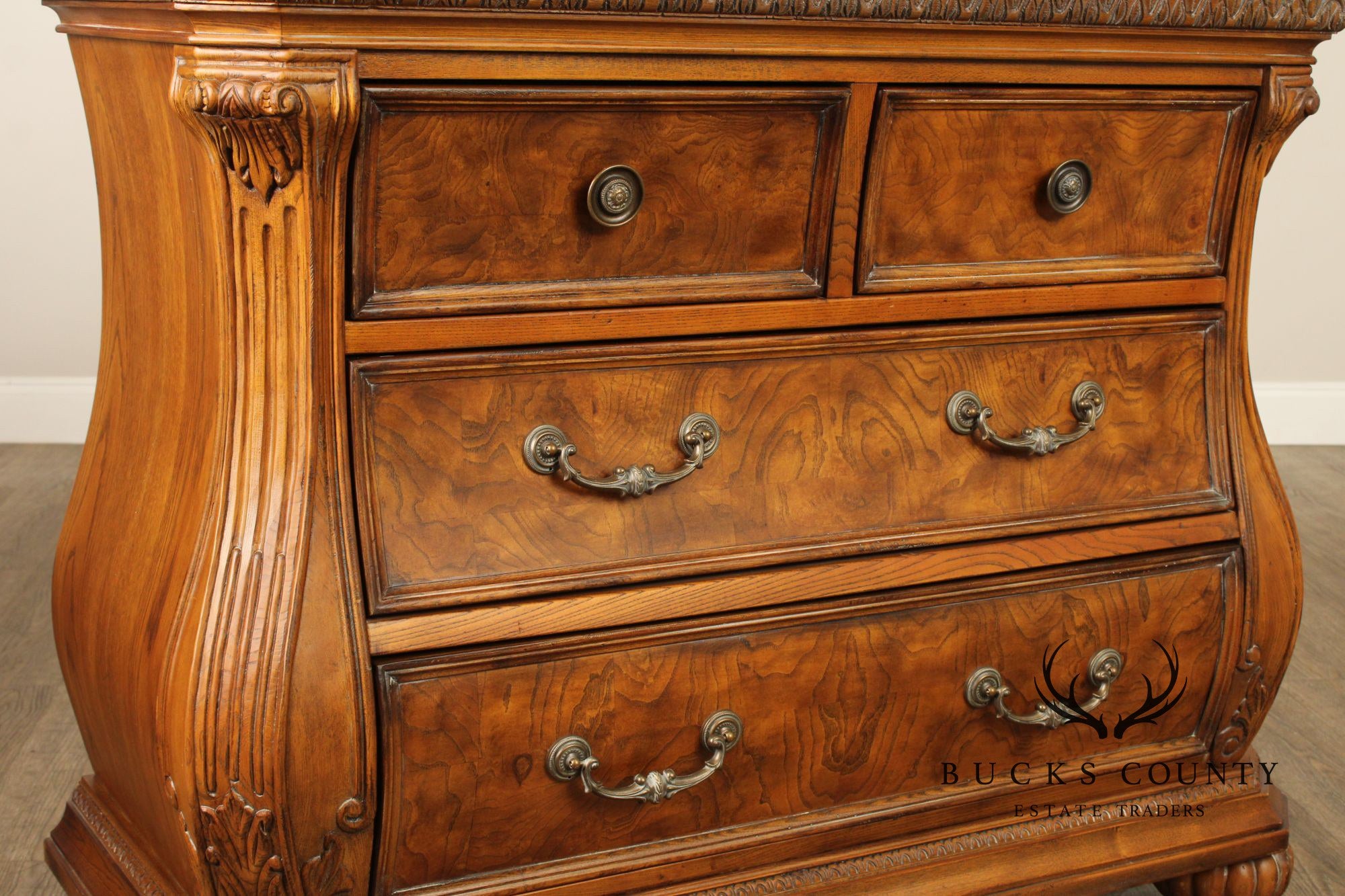 Lane Italian Provincial Style Pair of Burl Wood Bombe Chests