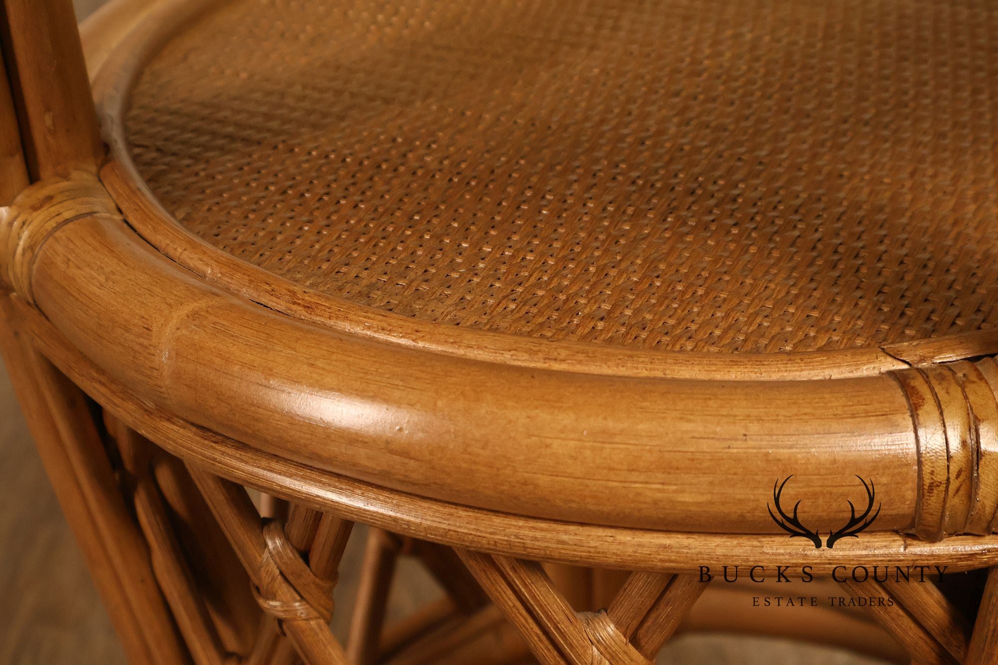 Boho Chic Pair of Round Glass Top Bamboo End Tables