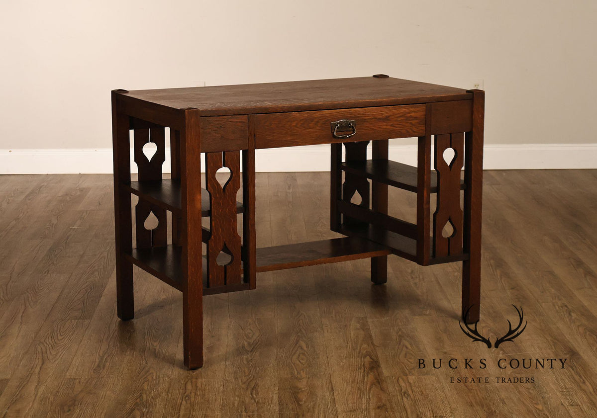 Antique Arts And Crafts Mission Oak Writing Desk With Side Shelves