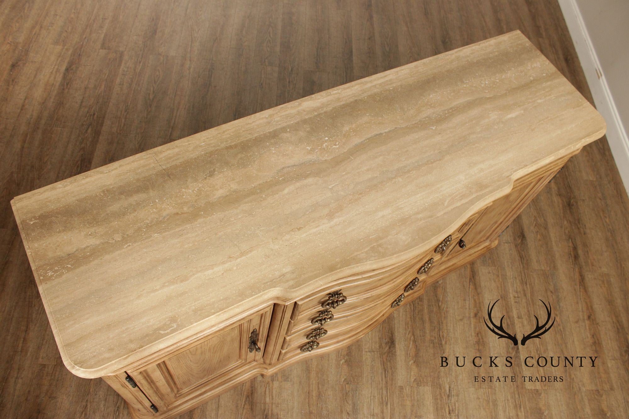 Bernhardt Tuscan Style Carved Cerused Oak Sideboard With Travertine Top