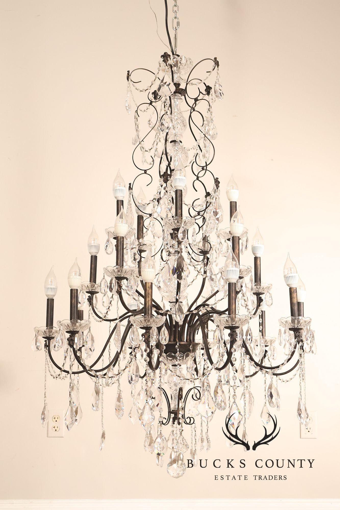 Large Twenty-Light Crystal And Wrought Iron 55" Chandelier