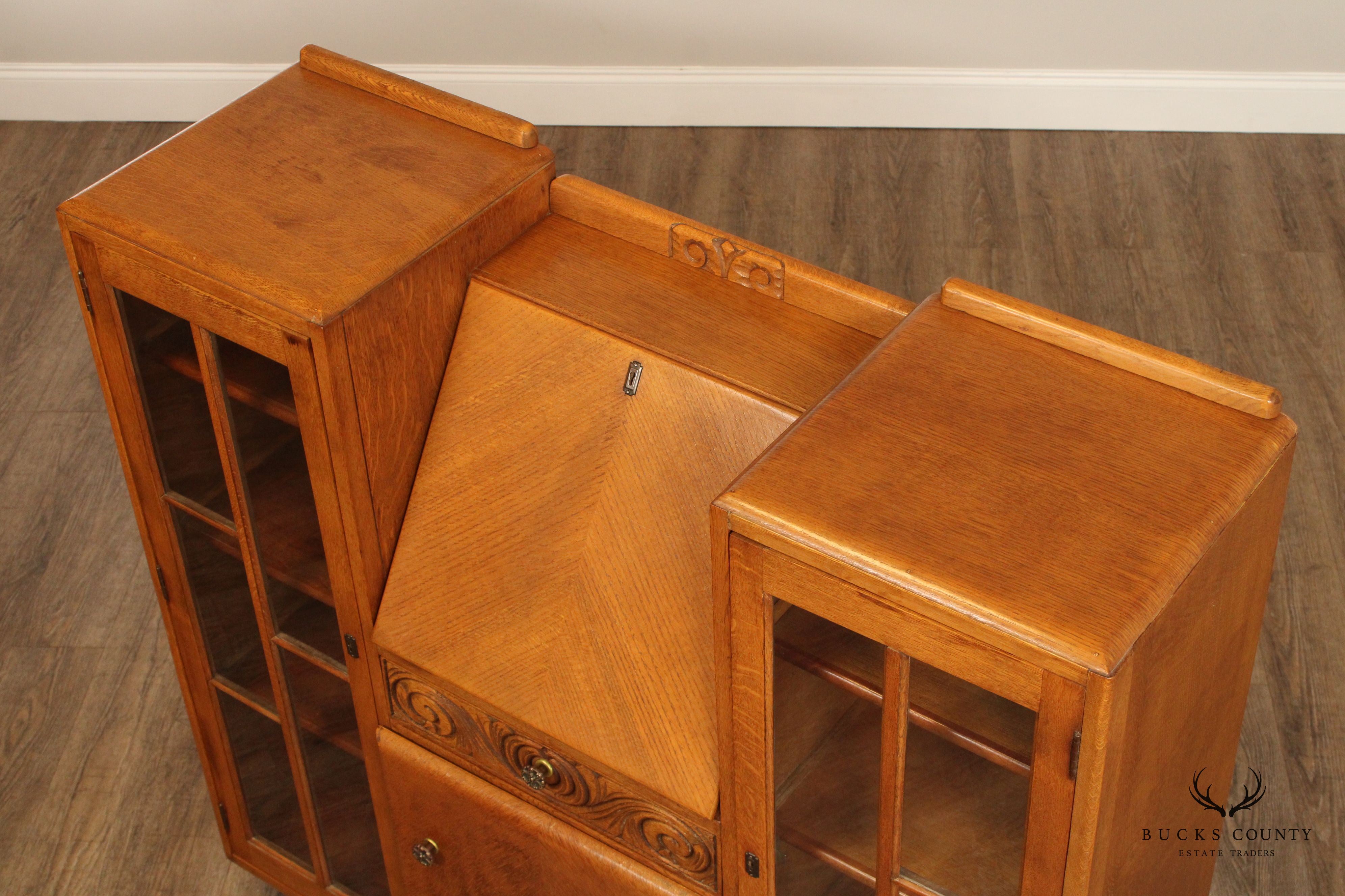 English Art Deco Carved Oak Secretary Bookcase