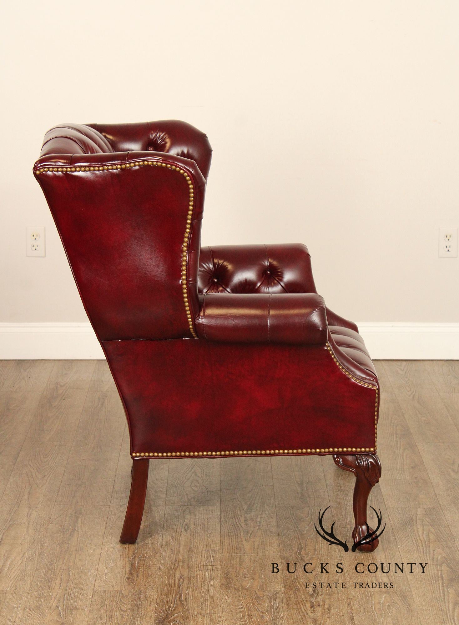 Georgian Style Tufted Oxblood Leather 'Reynolds' Wing Chair and Ottoman