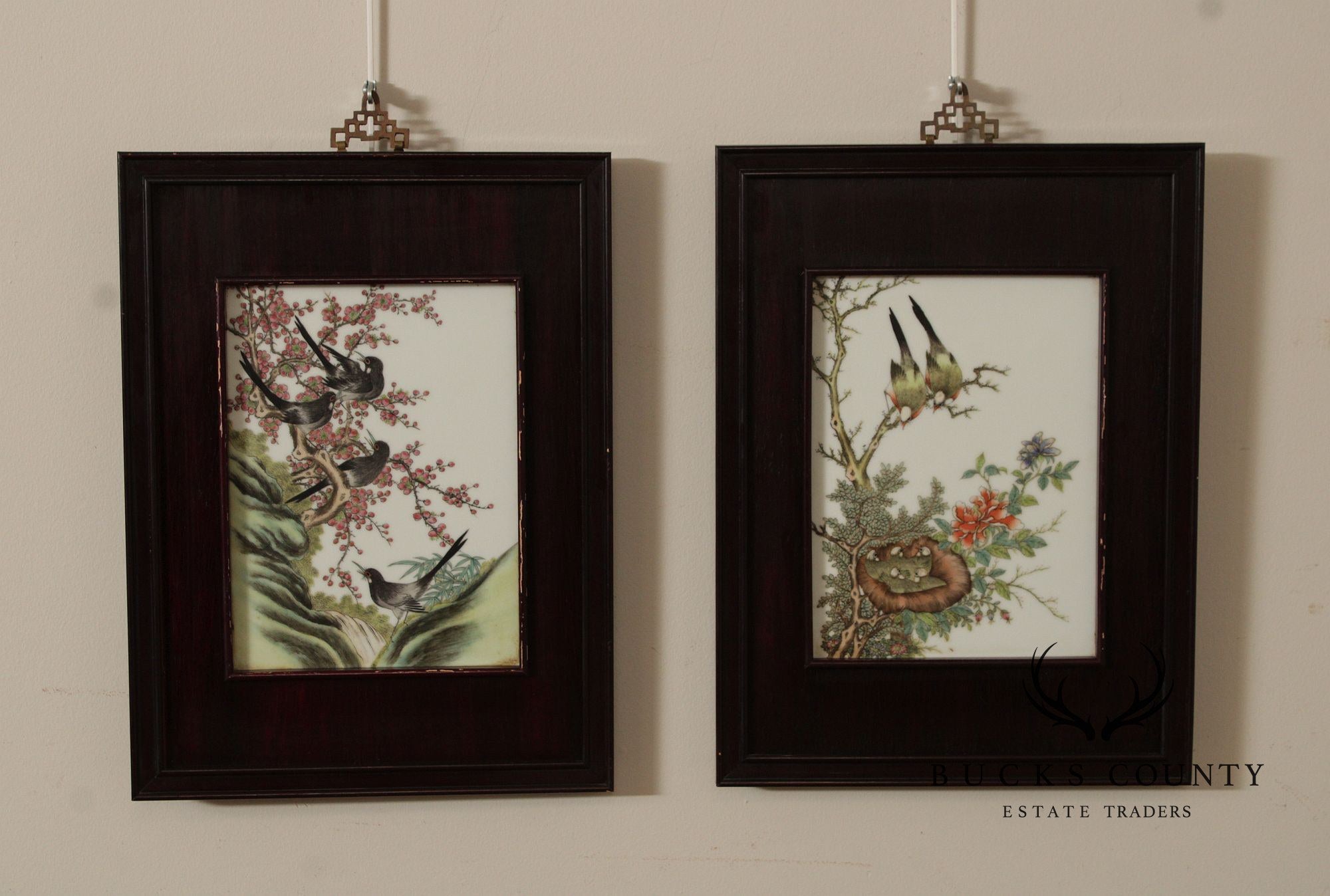 Vintage Chinese Pair of Hand Painted Porcelain Plaques