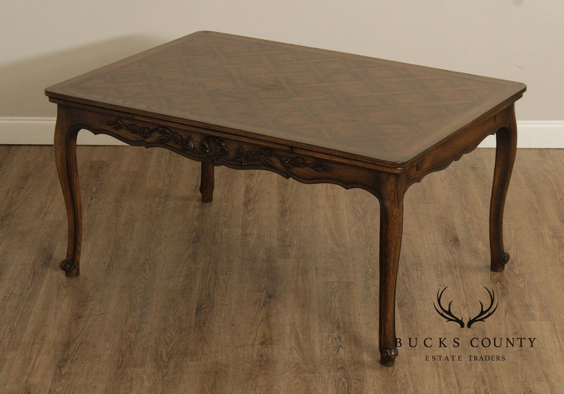 French Country Style Oak Parquetry Top Draw Leaf Dining Table