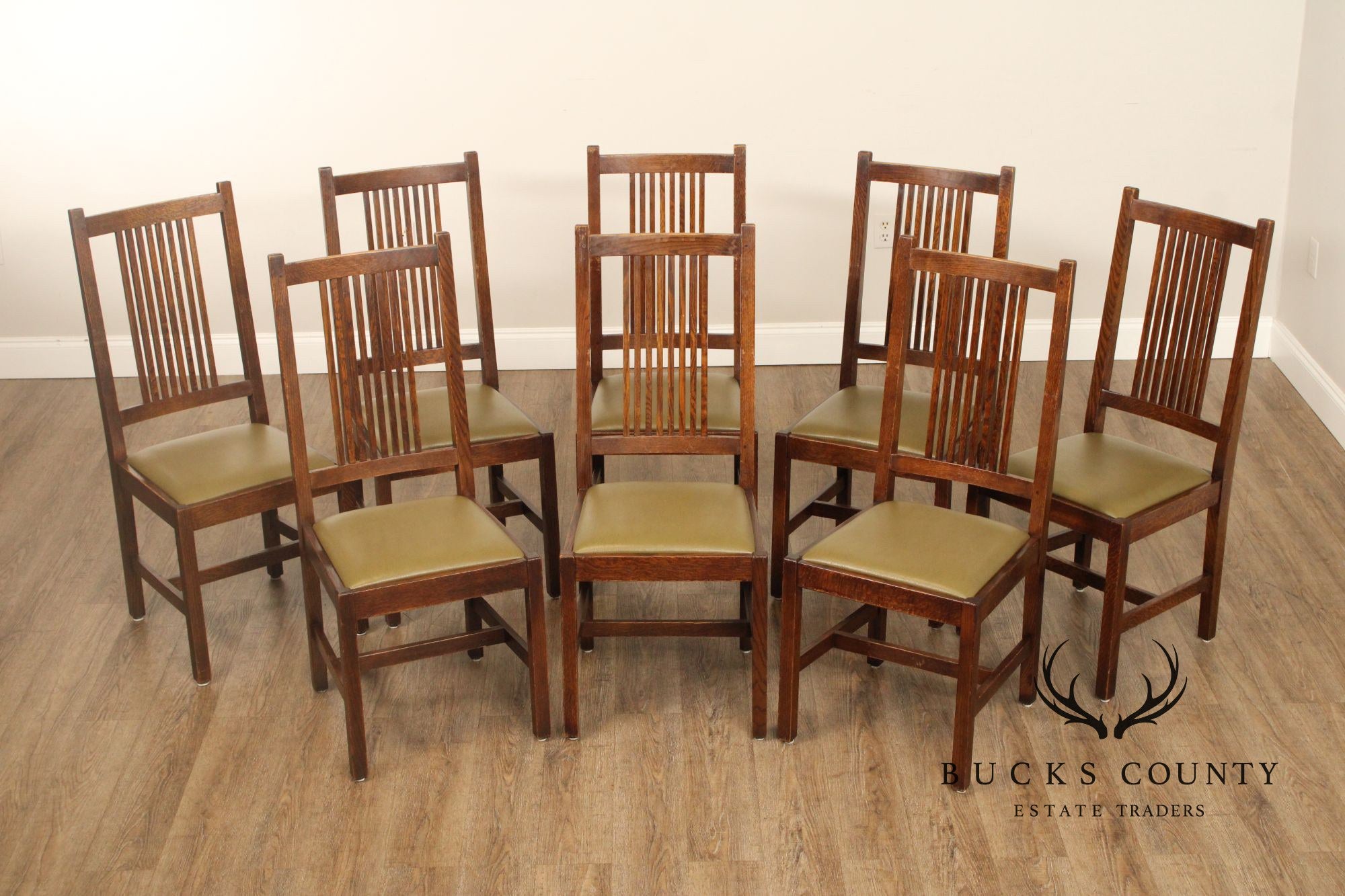 Stickley Mission Collection Set Of Eight Oak Spindle Back Dining Chairs