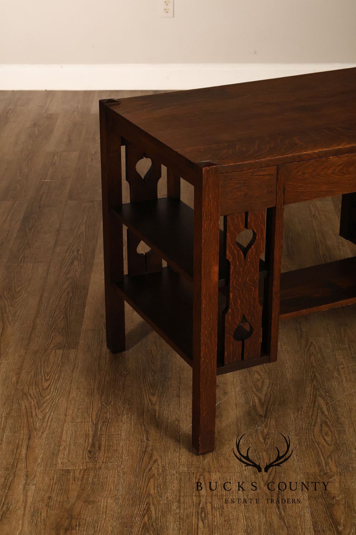 Antique Arts And Crafts Mission Oak Writing Desk With Side Shelves