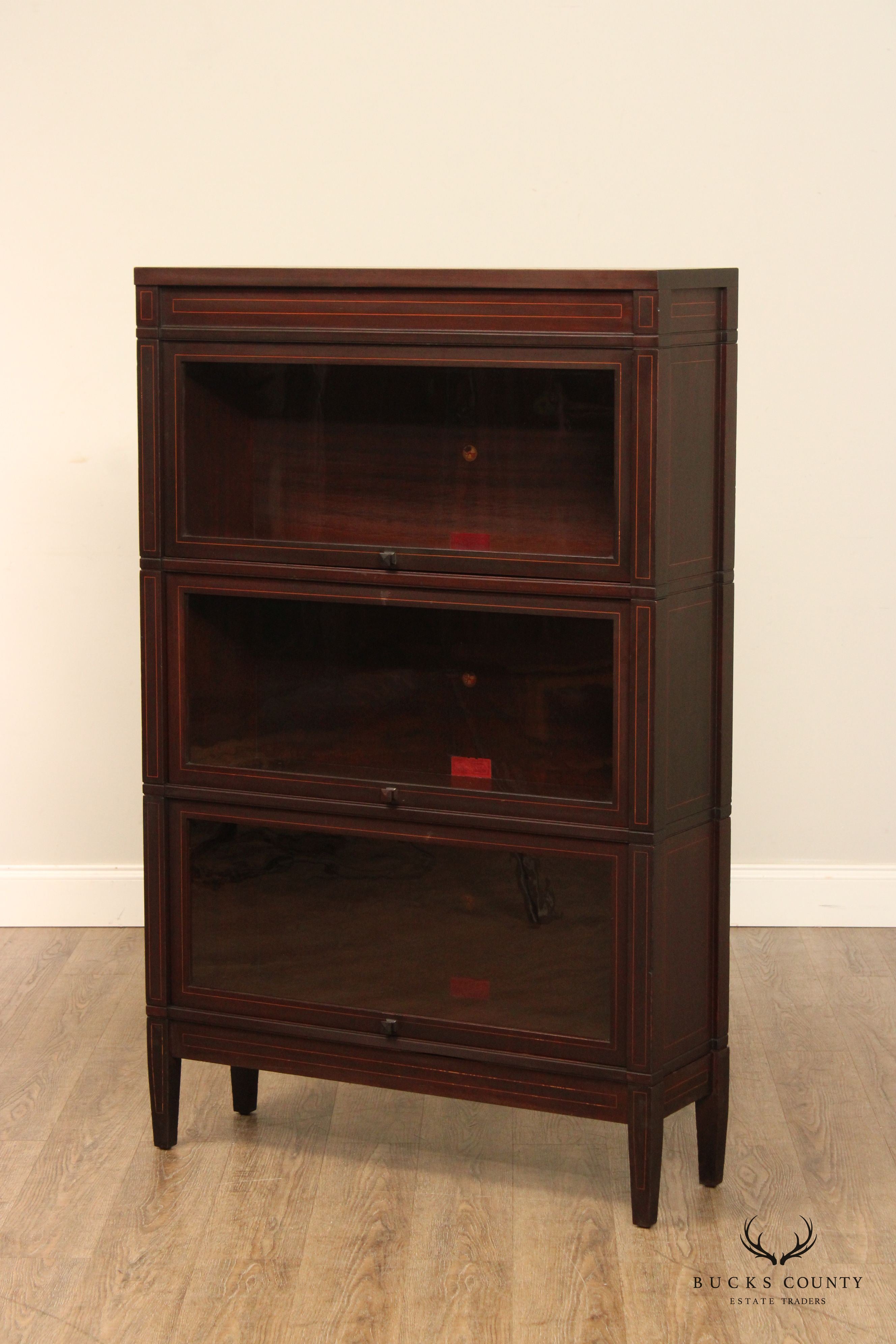 Globe Wernicke Antique Sheraton Style Three Stack Inlaid Mahogany Barrister Bookcase