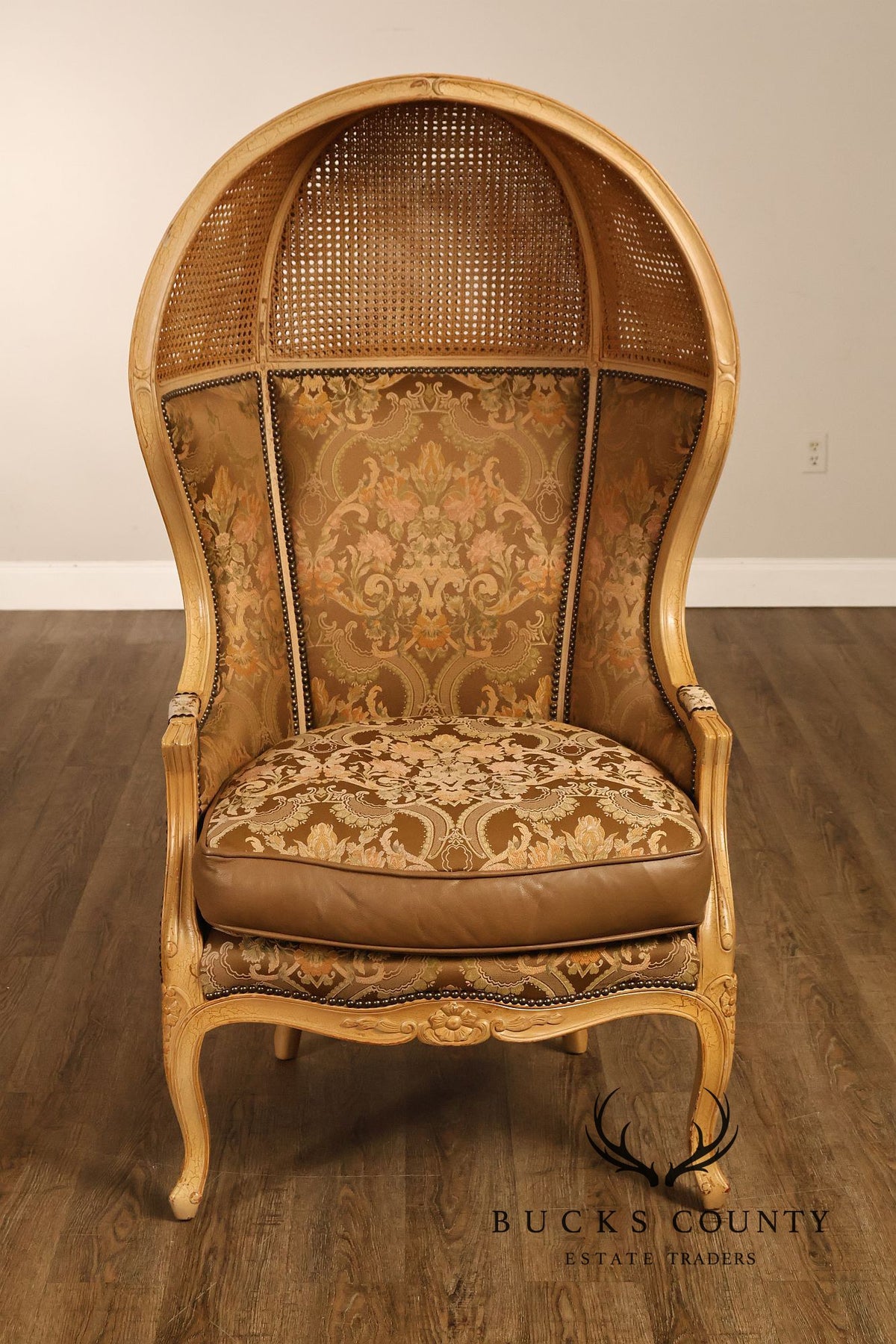 Old Hickory Tannery French Louis XV Style Pair Of Cane And Leather Hooded Porter Chairs