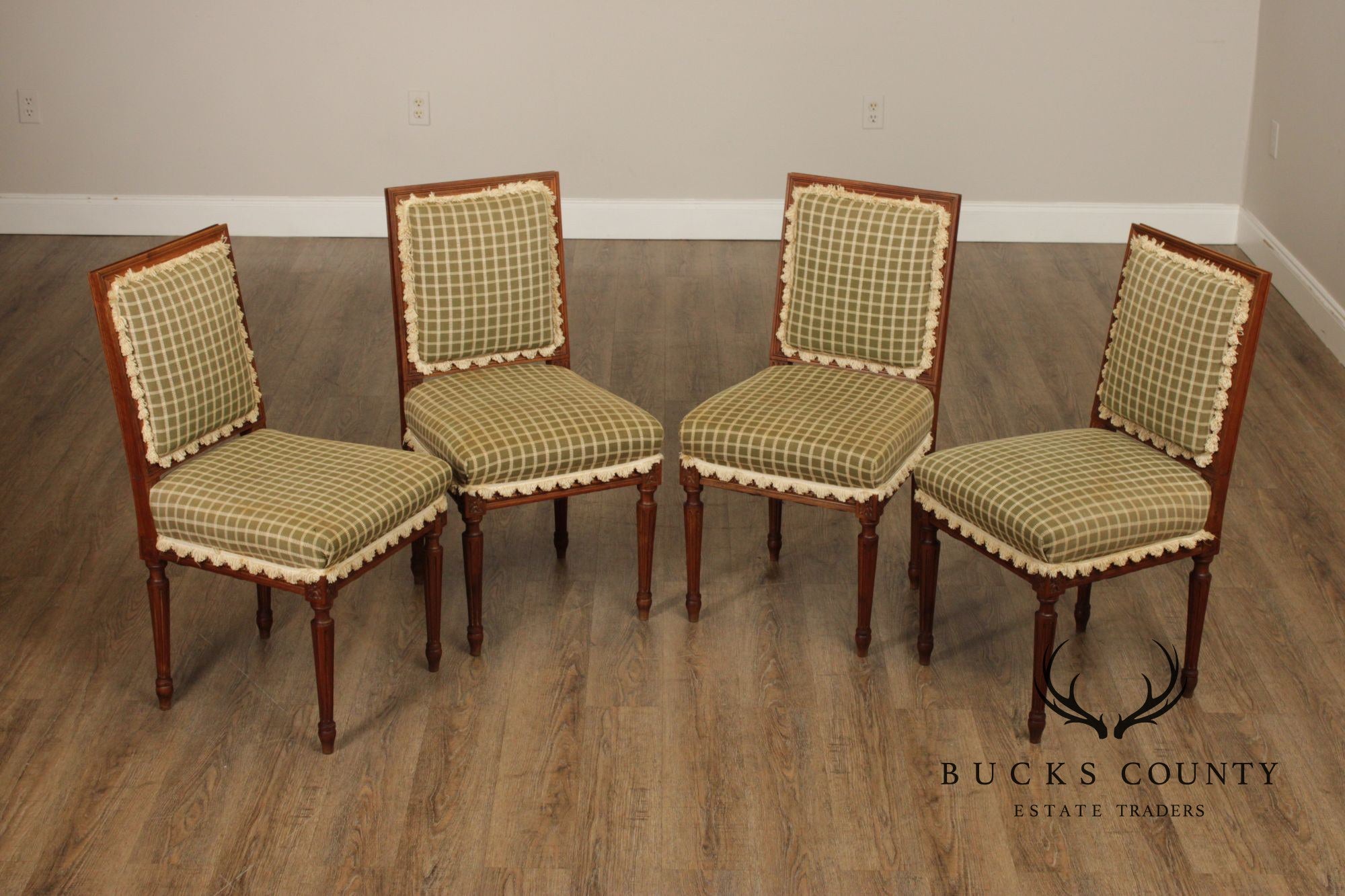 French Louis XVI Style Set Of Four Carved Walnut Dining Chairs