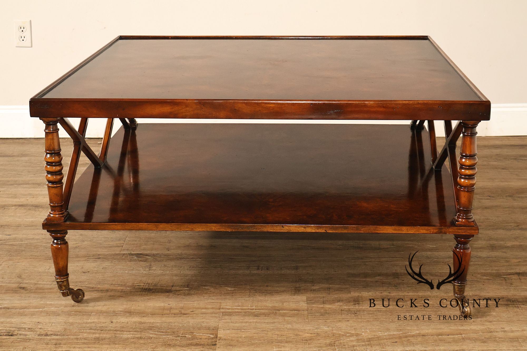Regency Style Burl Wood Two-Tier Square Coffee Table On Brass Casters