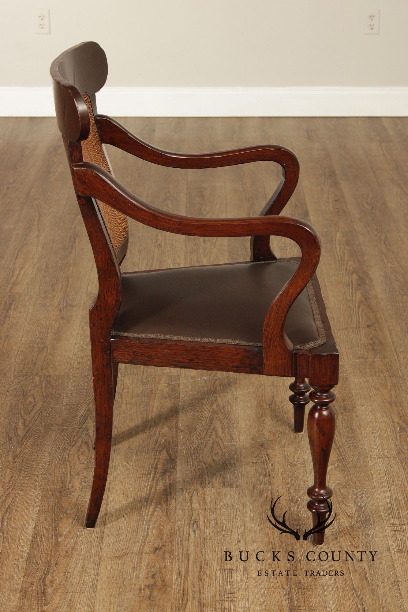 Vintage Anglo-Indian Style Pair of Caned Back Leather Seat Armchairs