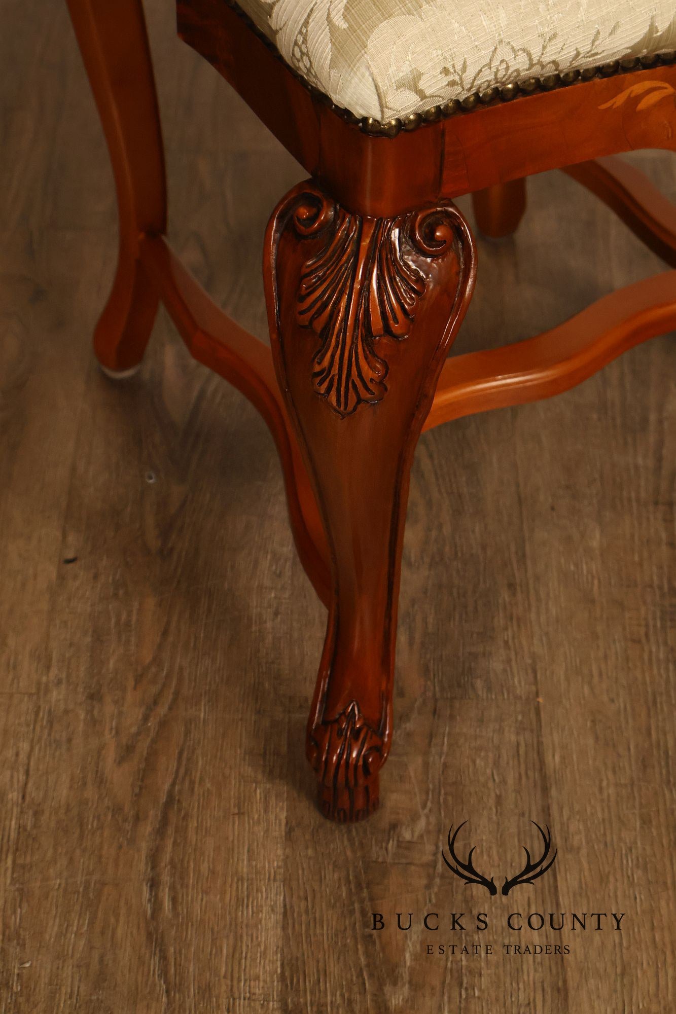 Italian Baroque Style Set of Eight Inlaid Olive Wood Dining Chairs