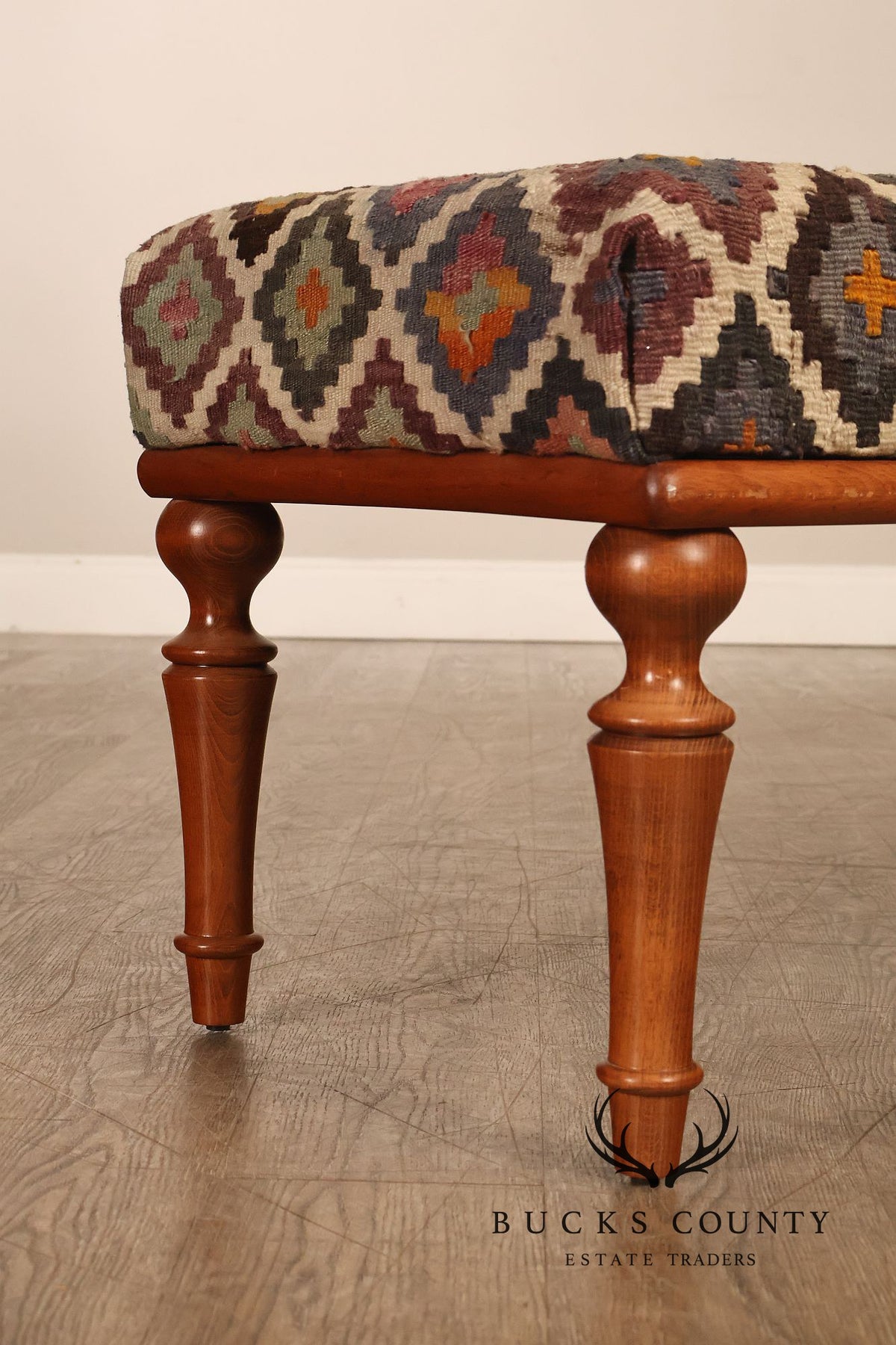 Vintage Kilim Upholstered Cherry Bench