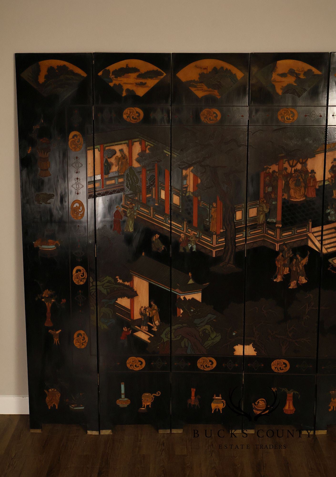Chinese Coromandel Style Pair Of Eight Panel Folding Screens