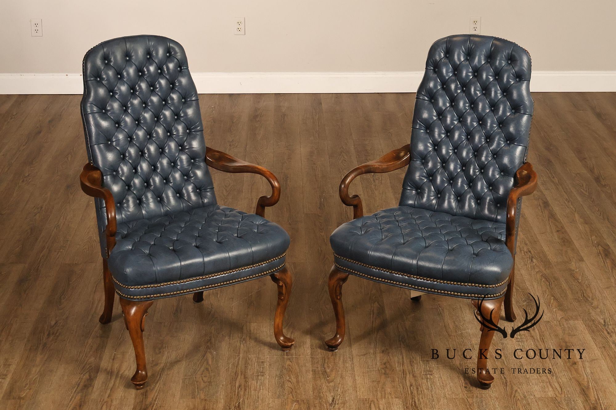 Ethan Allen Queen Anne Style Pair of Tufted Leather Library Armchairs