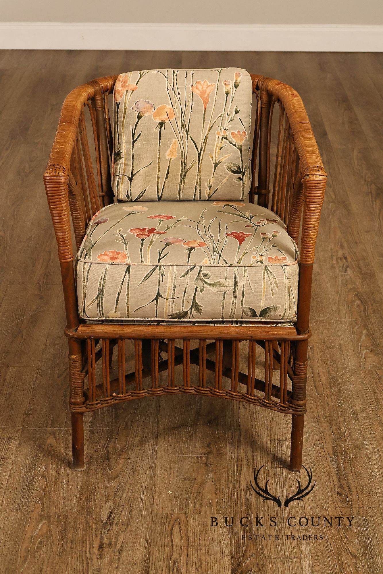 Antique Set Of Four Split Reed Rattan Armchairs With Floral Cushions
