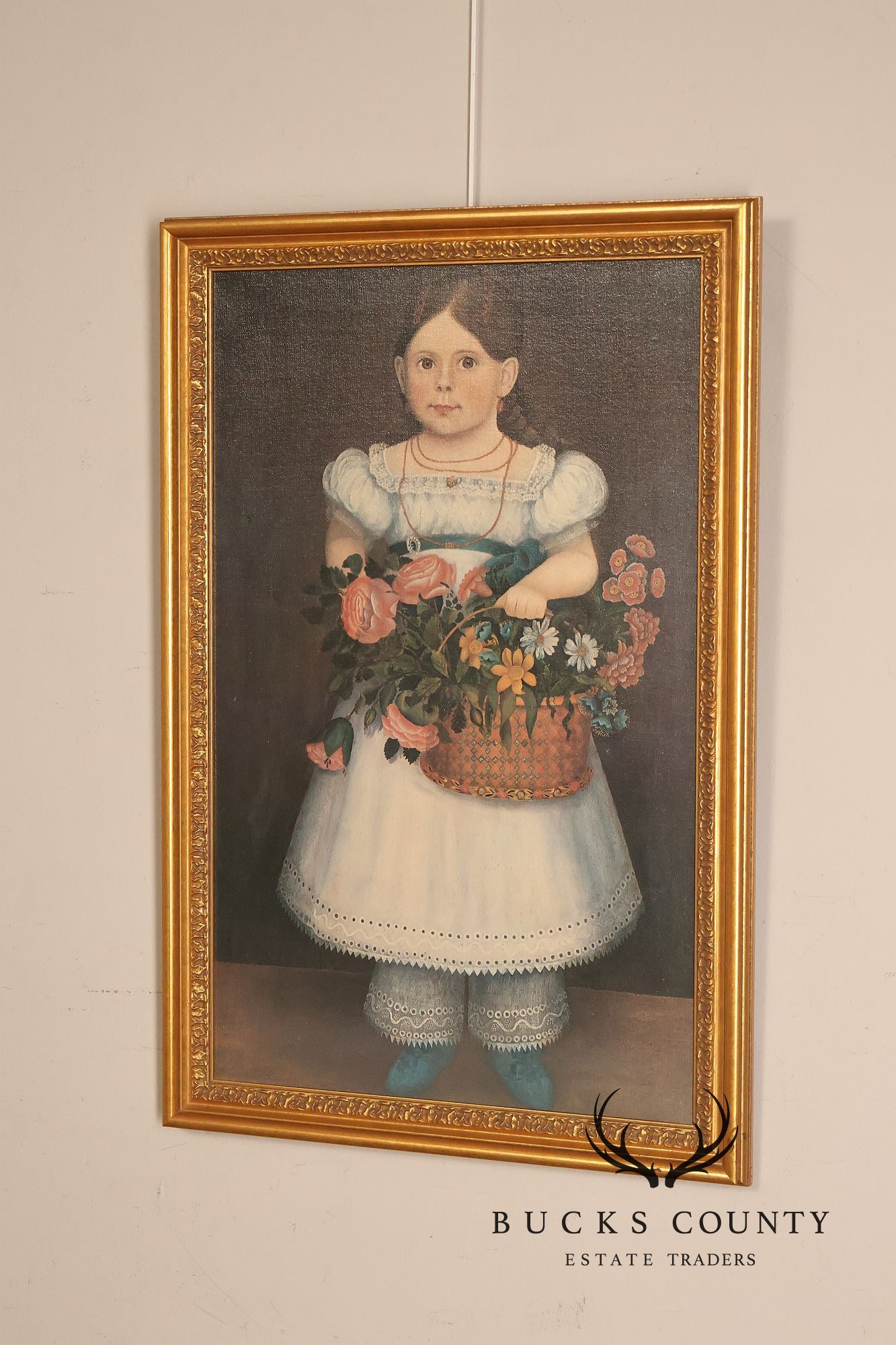 Framed Girl With Basket Of Flowers Print After An American Folk Portrait