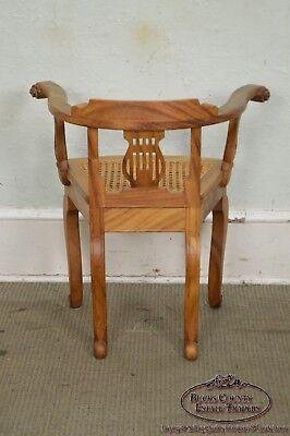 Anglo Indian Solid Padauk Wood Carved Lyre Back Cane Seat Arm Chair