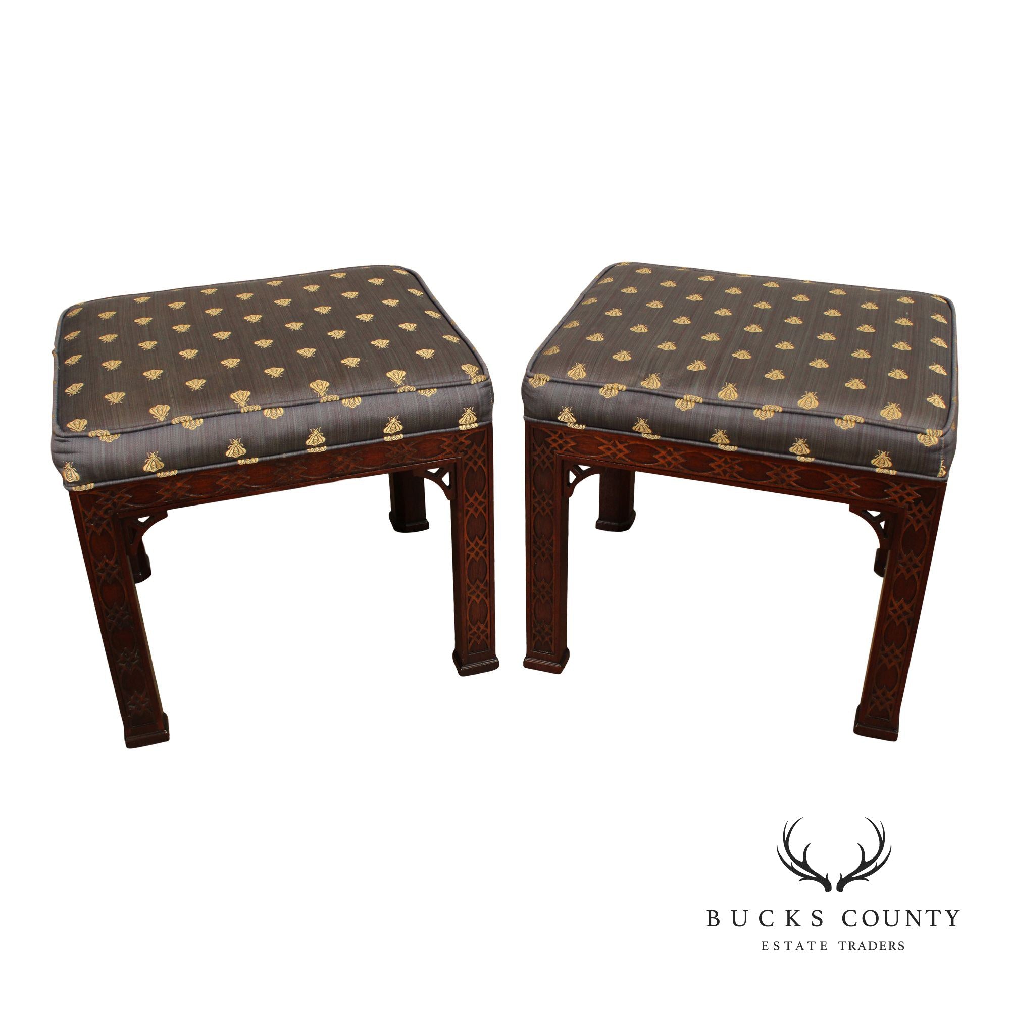 Kindel Chinese Chippendale Style Pair of Mahogany Stools