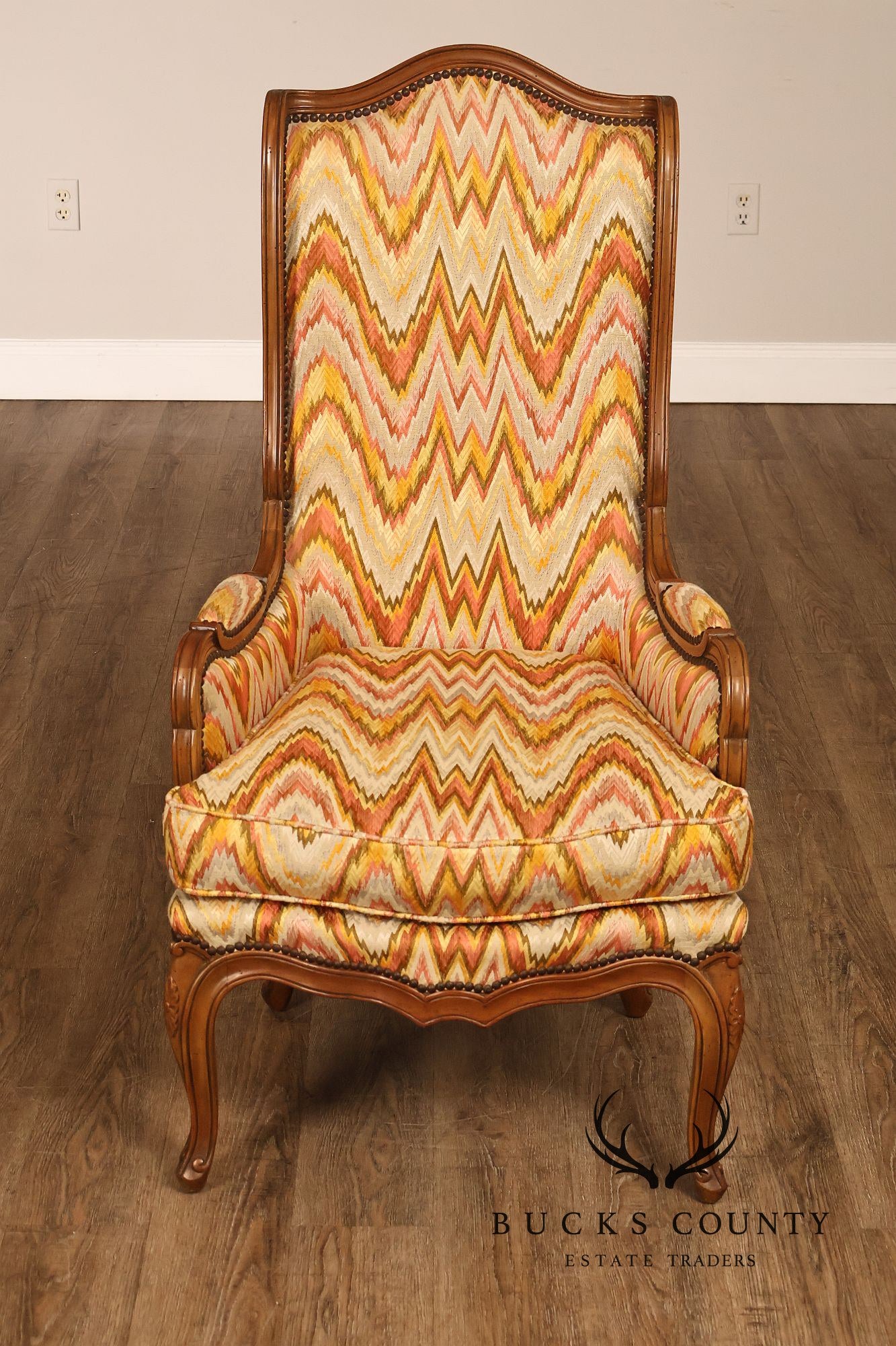 Baker Furniture French Style High Back Upholstered Wingback Armchair with Nailhead Trim