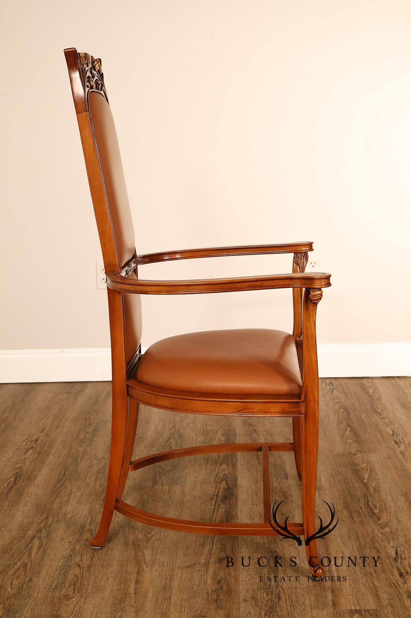 Antique Art Nouveau Carved Wood And Leather Armchair