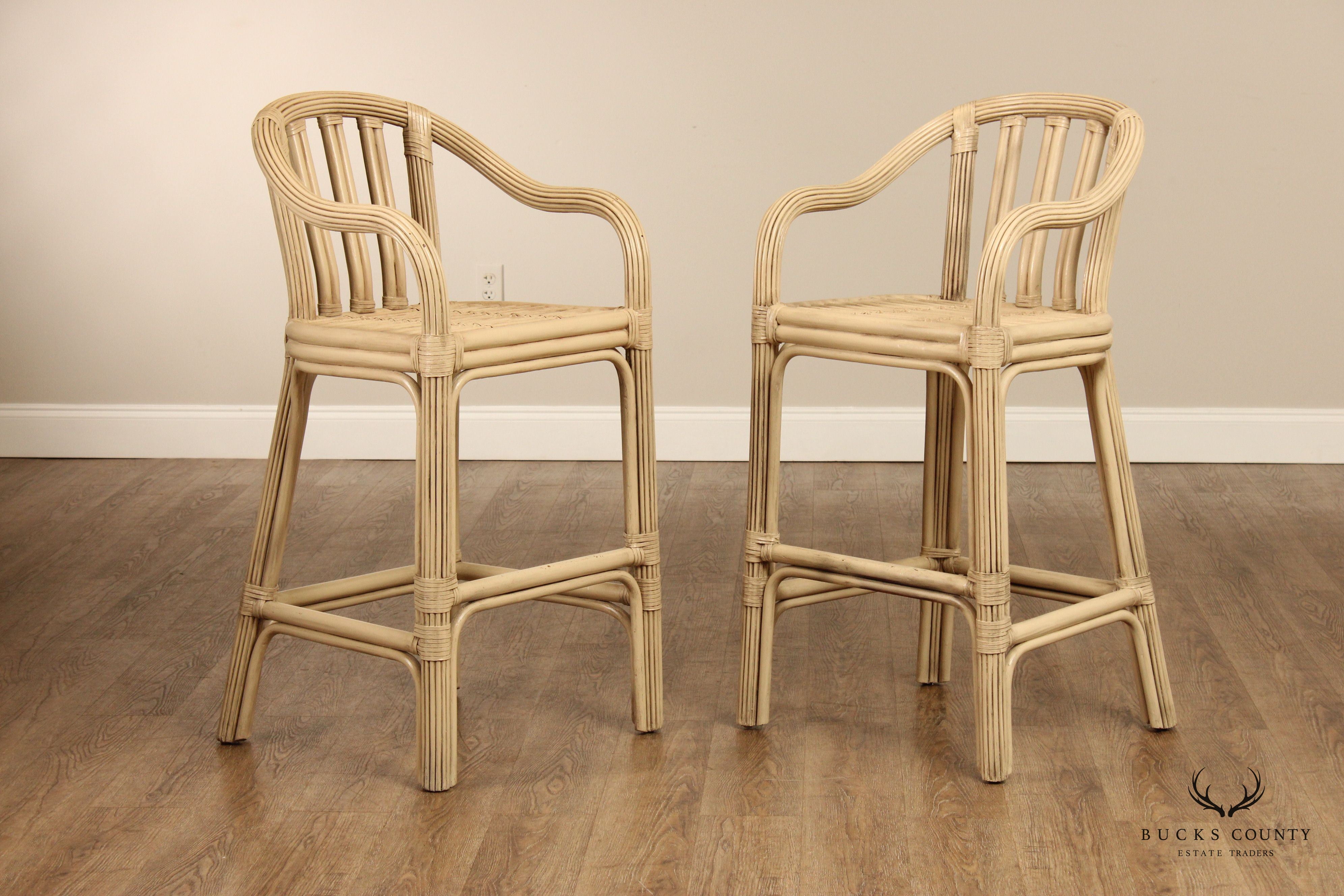 Hollywood Regency Style Pair of Rattan Bar Stools