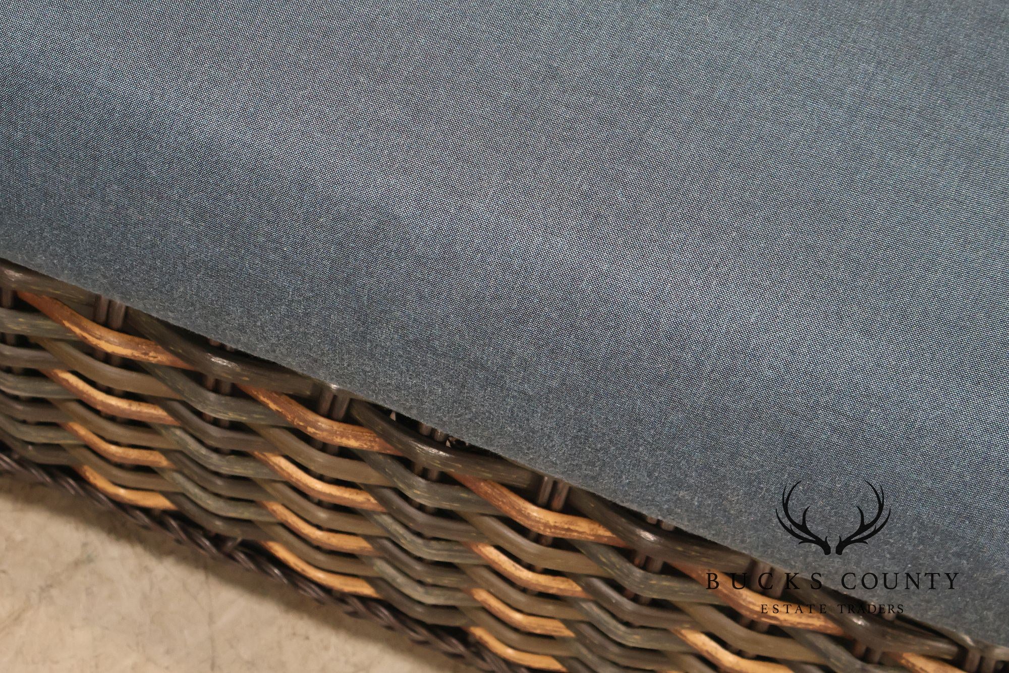 Lane Venture Weather Master Pair Of Woven Wicker Outdoor Ottomans With Blue Cushions