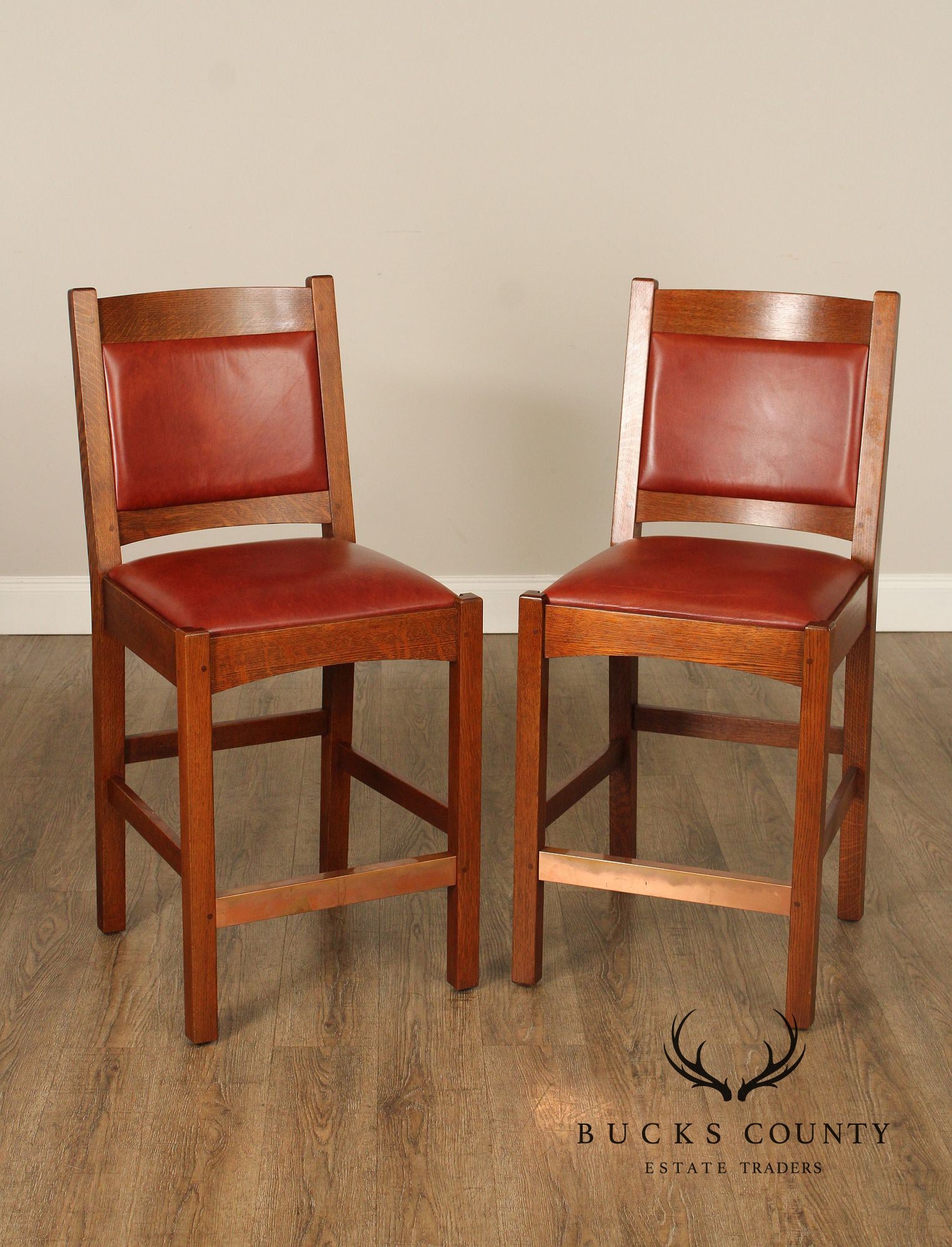 Stickley Mission Collection Pair of Oak And Leather Counter Stools