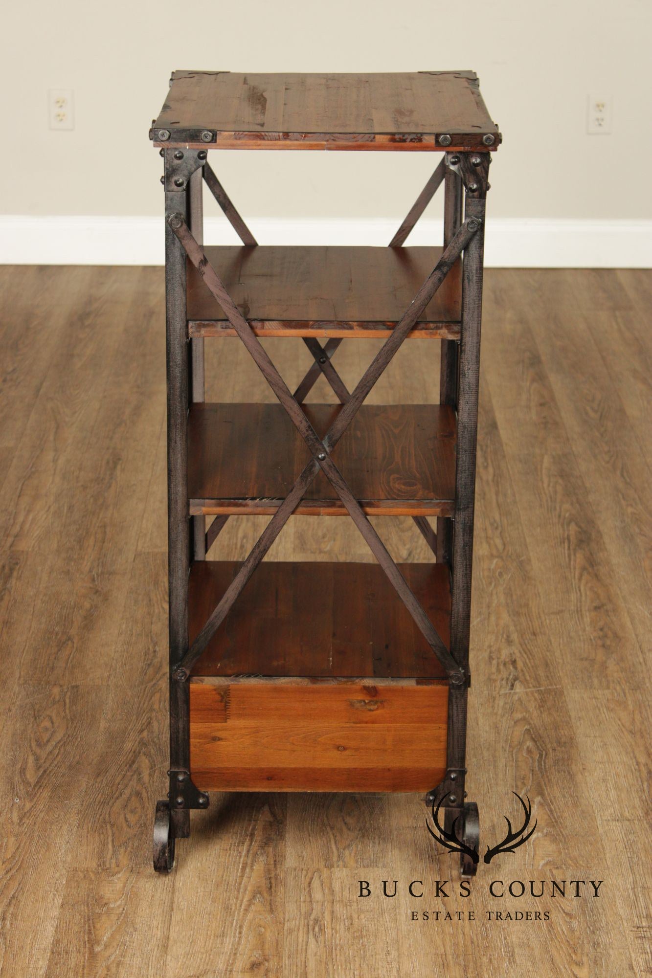 Industrial Rustic Pine And Iron Rolling Shelf With Drawer