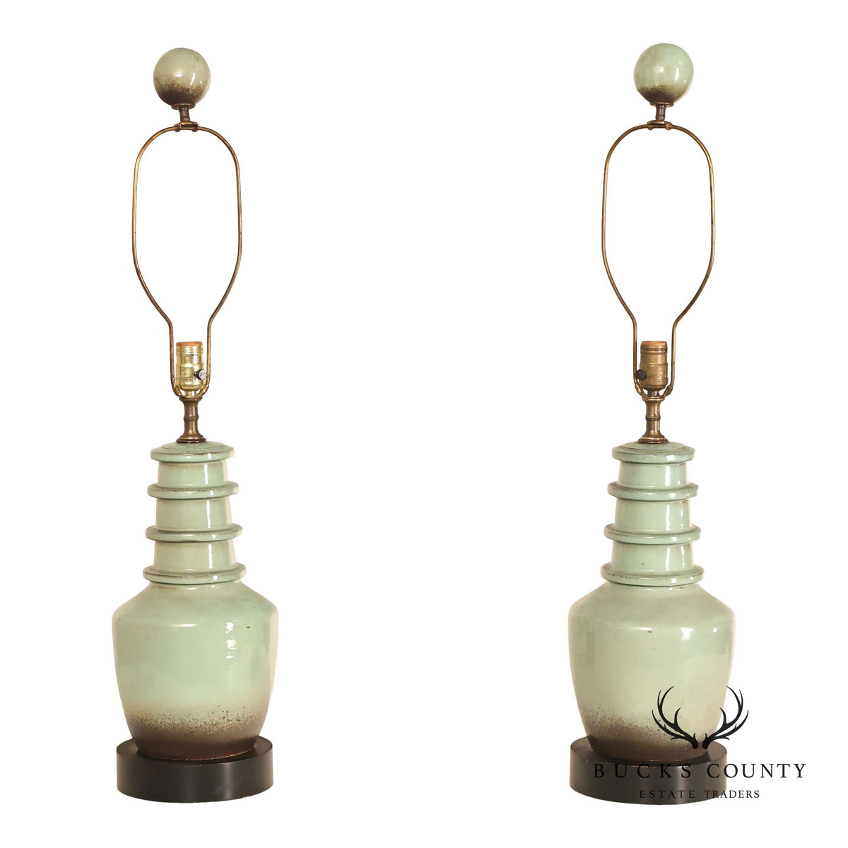 Asian Style Pair of Celadon Table Lamps