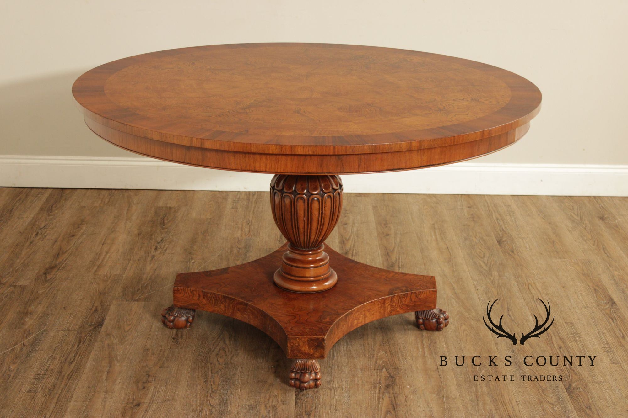 Italian Made Empire Style Round Burlwood Pedestal Center Table