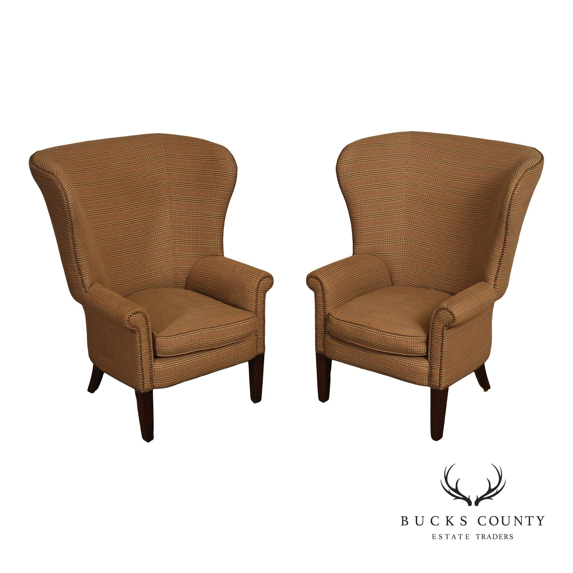 Ralph Lauren Traditional Plaid Upholstered Wingback Lounge Chairs