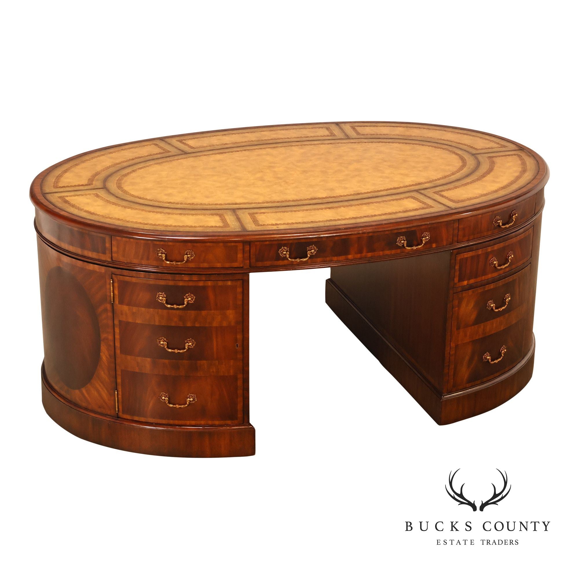 Maitland Smith Oval Mahogany Leather Top Executive Partner's Desk