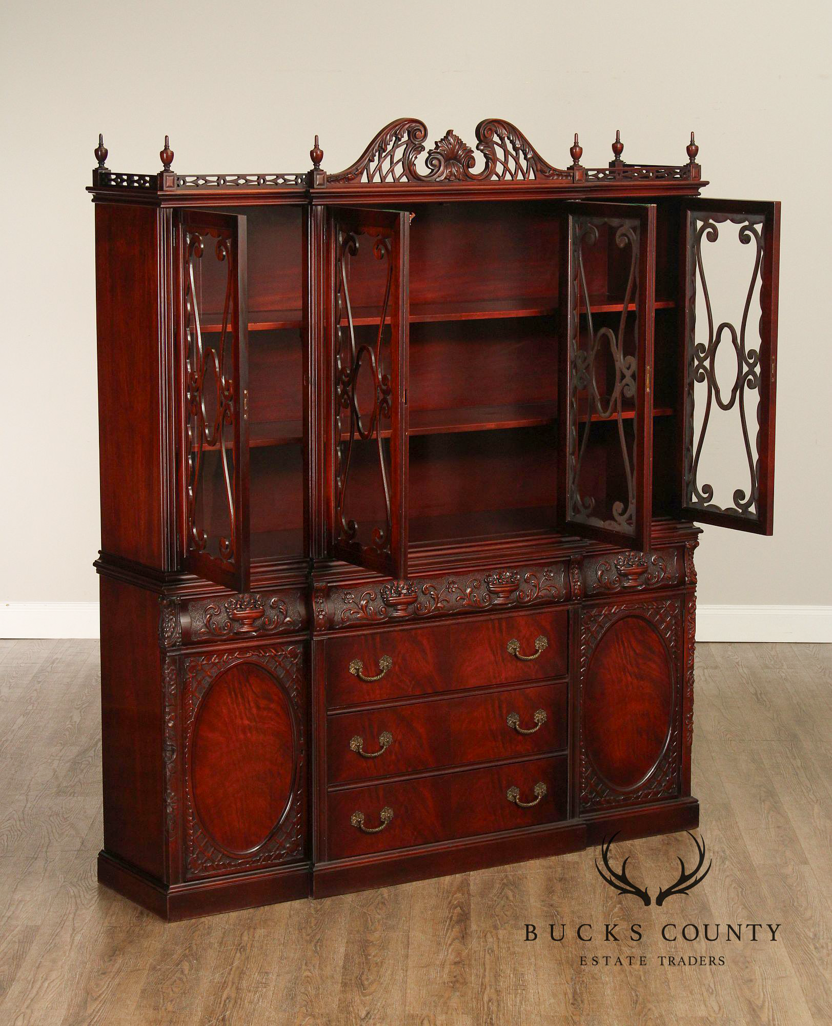 1940's Vintage Carved Mahogany China Cabinet