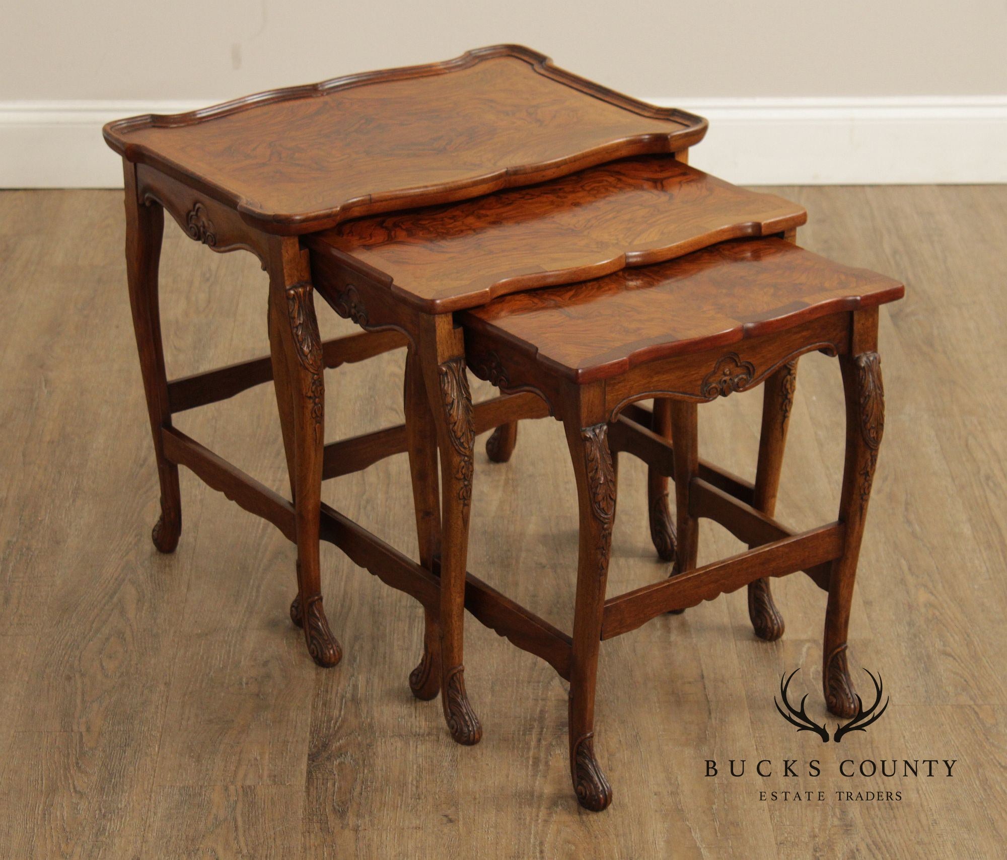 French Louis XV Style Set of Three Burl Walnut Nesting Tables