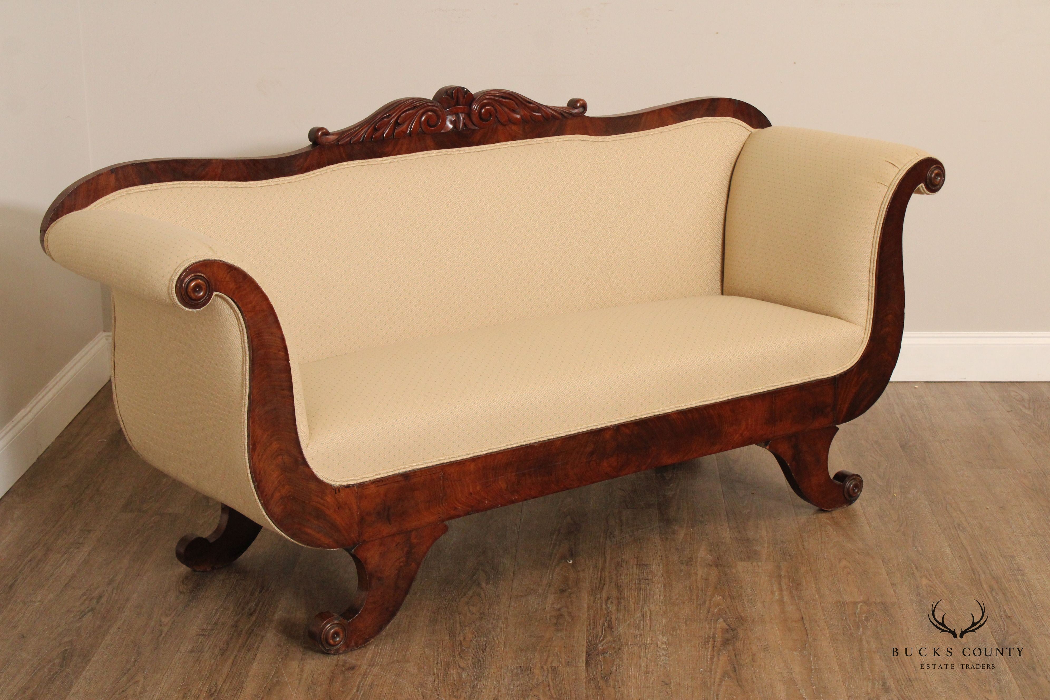 ANTIQUE EMPIRE STYLE CARVED MAHOGANY SOFA