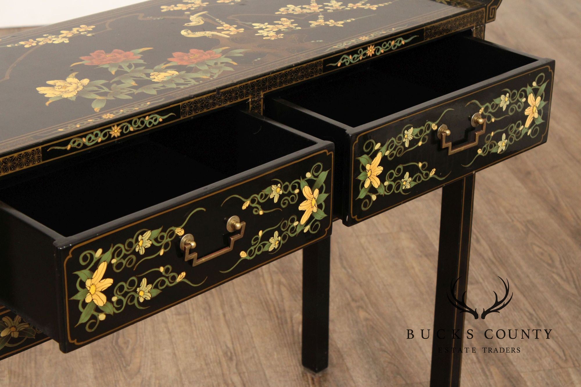 Chinoiserie Painted Vintage Black Lacquer Console Table