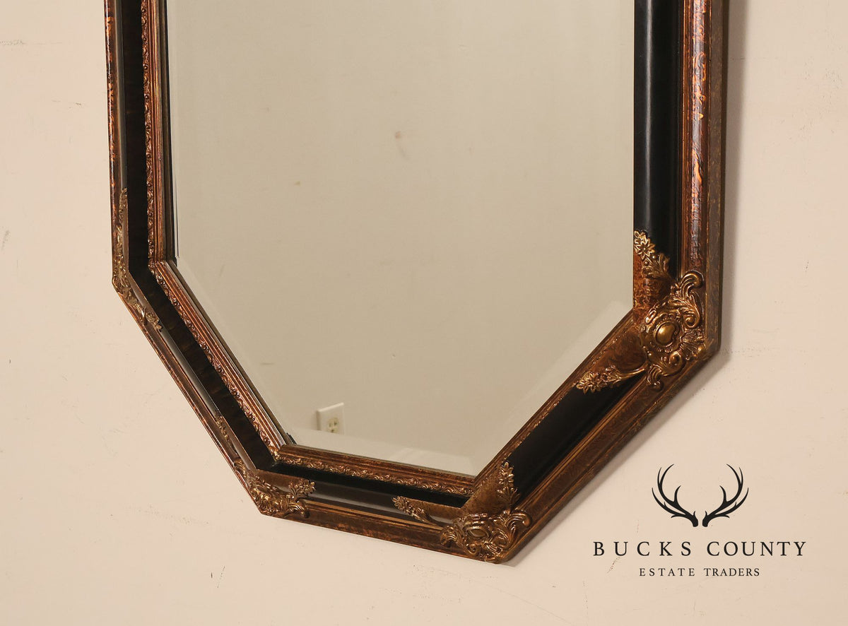 Traditional Octagonal Black And Gilt Beveled Wall Mirror