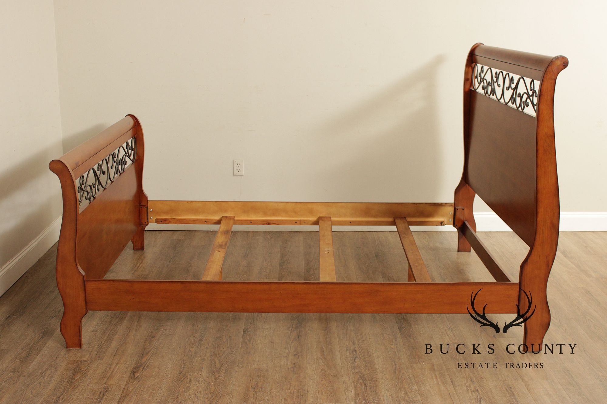 Queen Size Sleigh Bed With Iron Scroll Detail