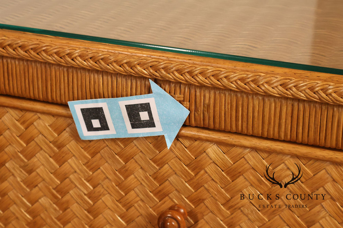 Coastal Style Pair Of Wicker And Cane Two Drawer Nightstands With Glass Tops