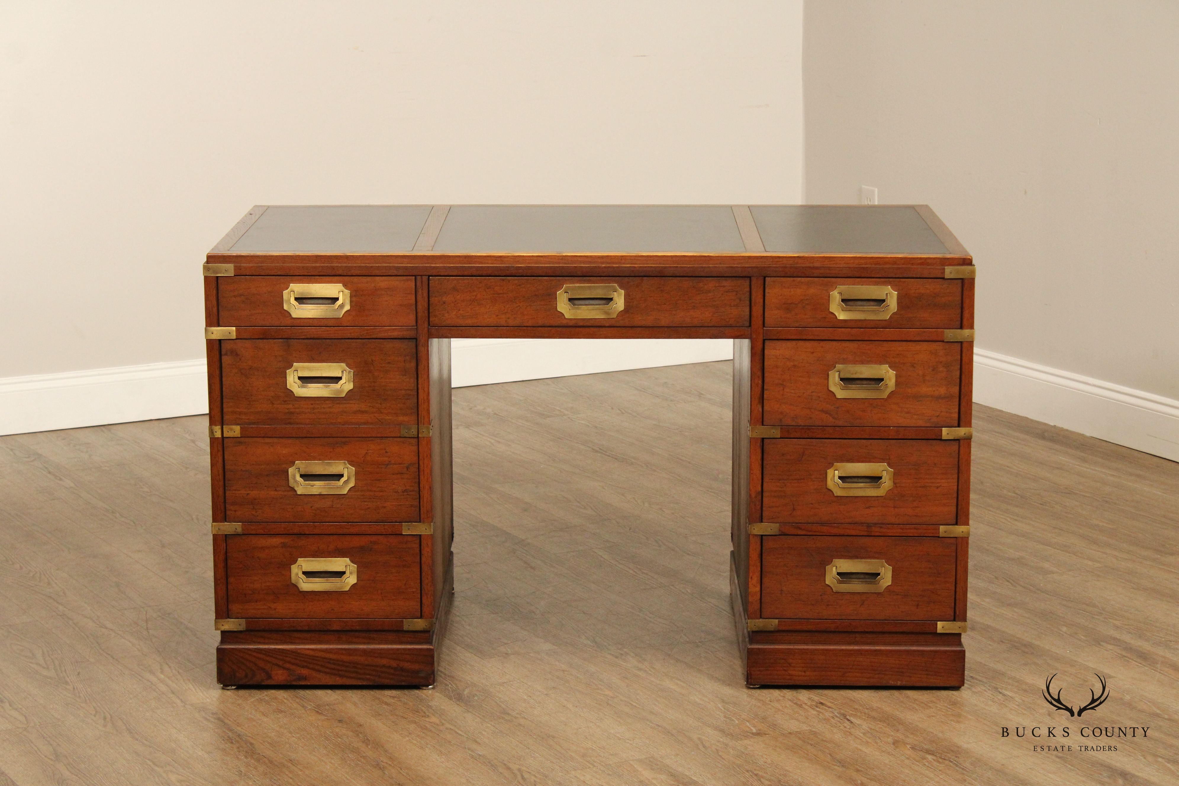 Sligh Campaign Style Vintage Oak and Brass Leather Top Writing Desk