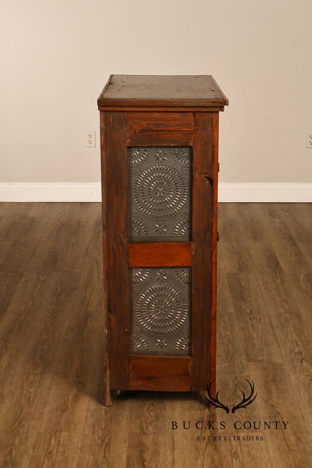 Antique American Country Pine Pie Safe Cabinet With Punched Tin Panels