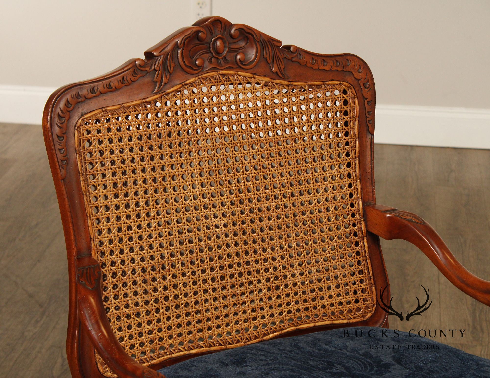 French Louis XV Style Carved Mahogany and Cane Armchair