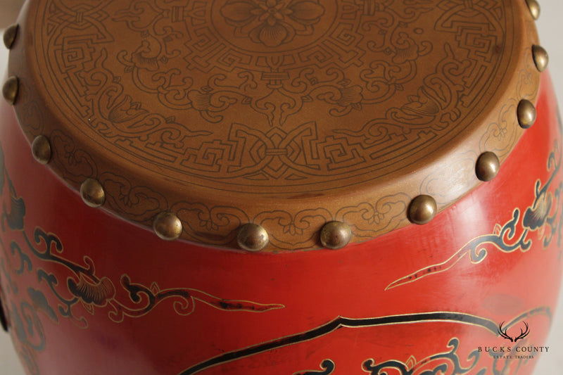 Asian Inspired Style Pair of Hand Painted Wooden Drum Stools